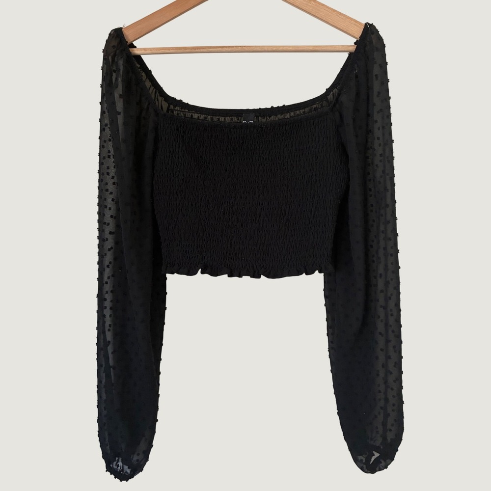 Windsor Black Smocked Crop Top Swiss Dot Long Sleeve Off Shoulder Blouse L